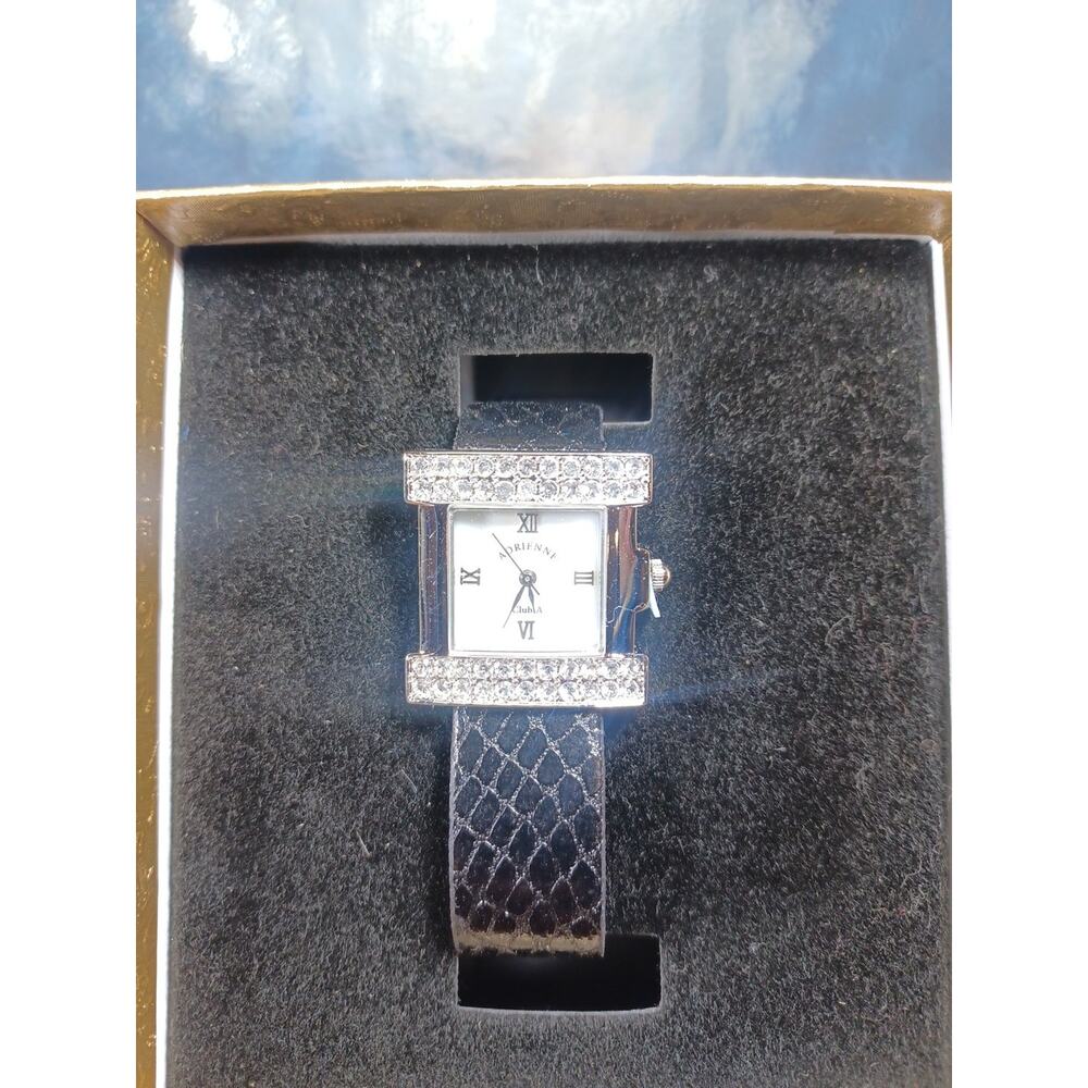 Adrienne Club A Mother Of Pearl White Rhinestone Silvertone Black Band With Box - Picture 2 of 8